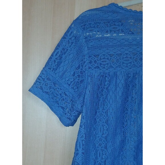 Ann Taylor Loft Blouse Sz Medium Blue Lace Feminine Chic Short-Sleeve Top - Picture 4 of 8